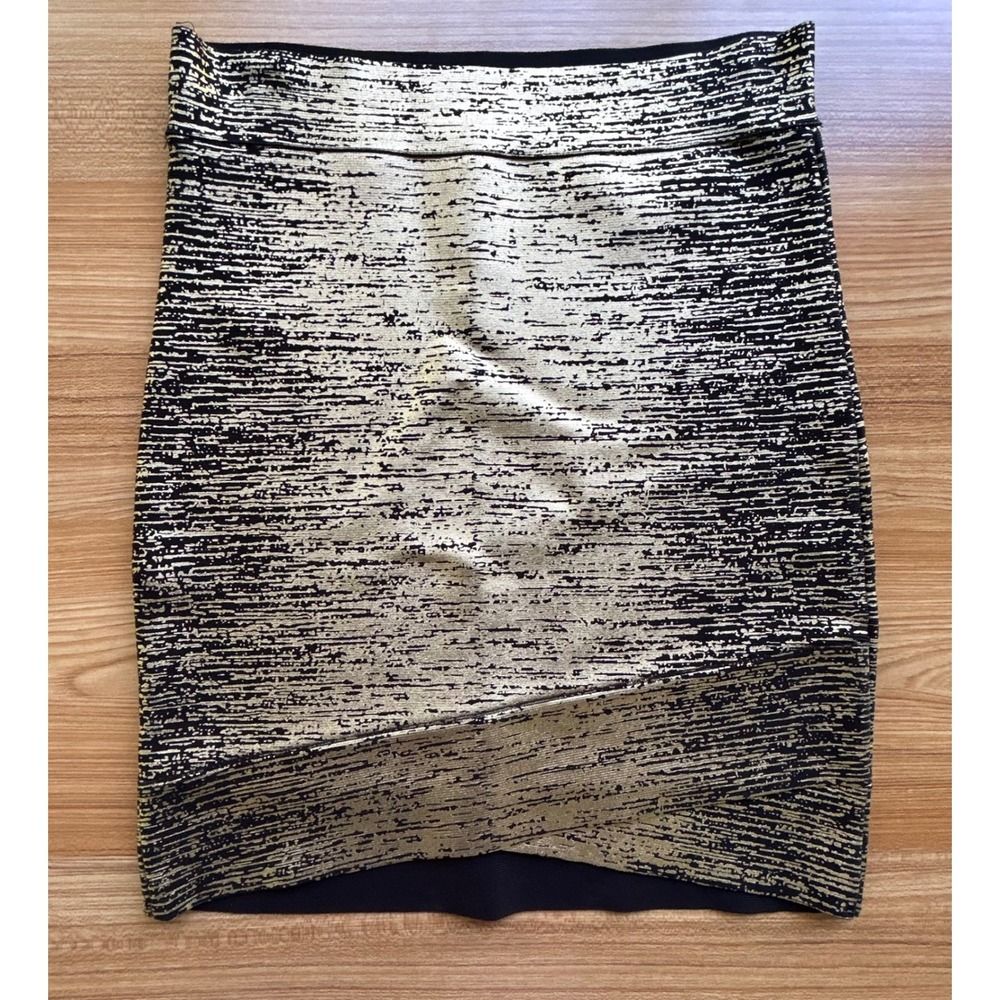 BCBG Max Azaria Black and Gold Metallic Foil Bandage Bodycon Mini Skirt Small